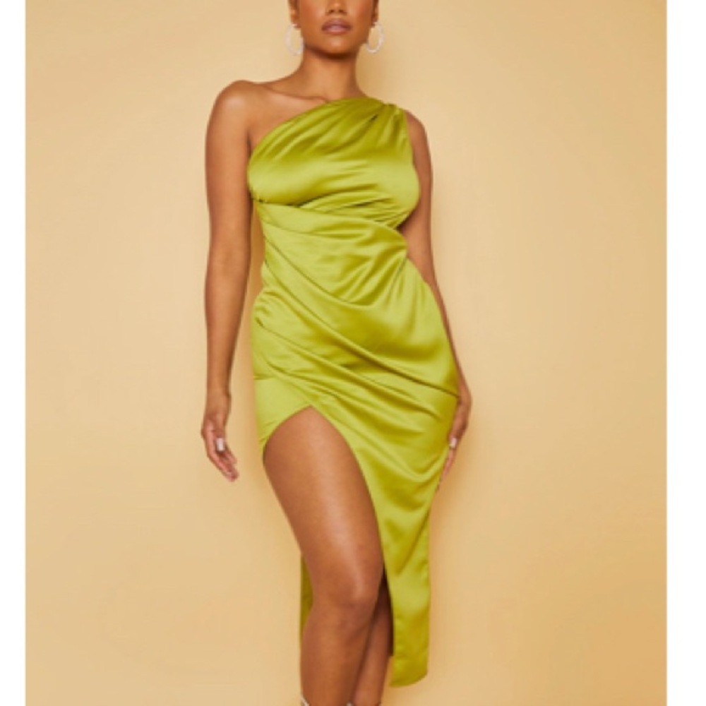 PRETTY LITTLE THING Olive Satin One Shoulder Pleat Detail Midi Dress